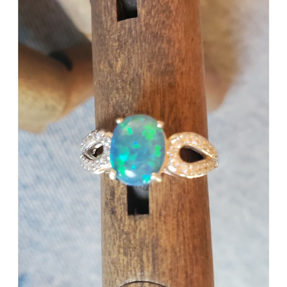 Opal and crystal sterling silver ring size 6